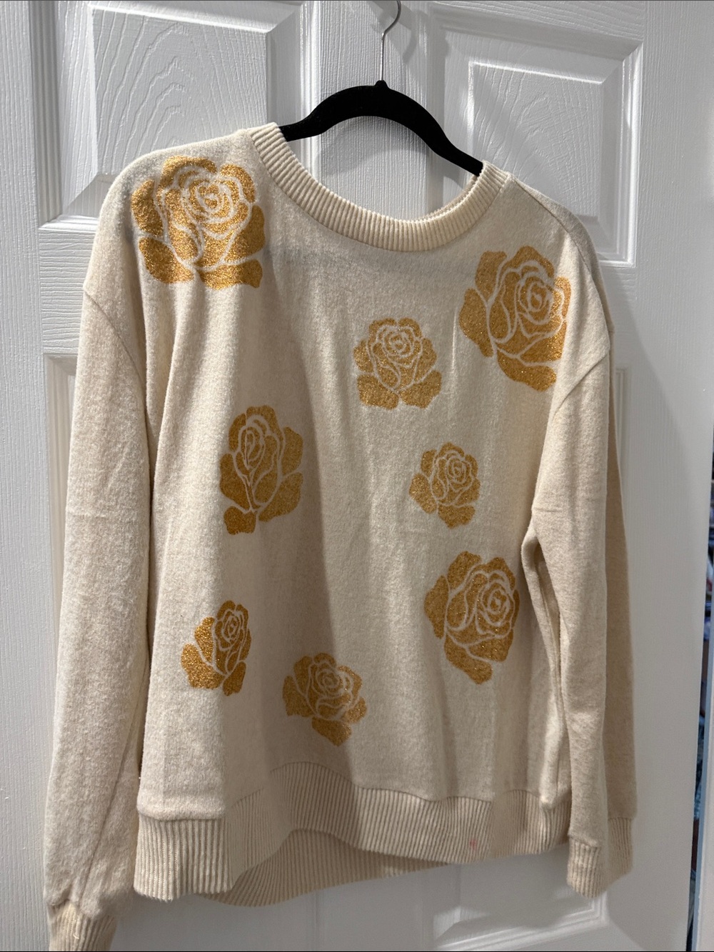 Cream Crewneck Sweater with Gold Rose Pattern